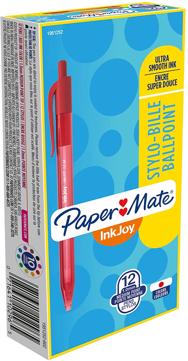 PM1951252 Paper Mate InkJoy 100RT - Retractable ballpoint pen medium point, red color, Box 12pcs.