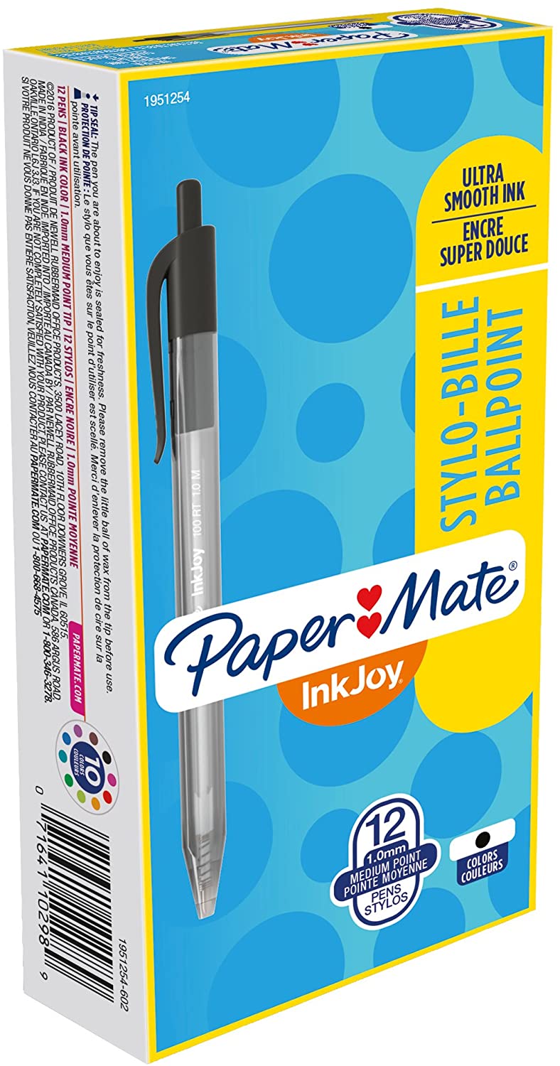 PM1951254 Paper Mate InkJoy 100RT - Retractable ballpoint pen medium point, black color, Box 12pcs.