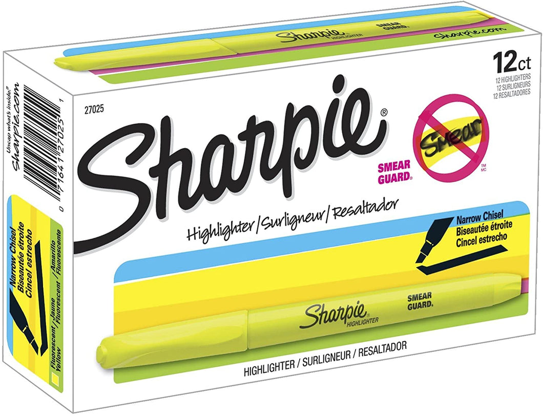 SH27025 Sharpie Pocket Highlighter, Fluorescent Yellow Color, Chisel Tip, Box 12pcs.