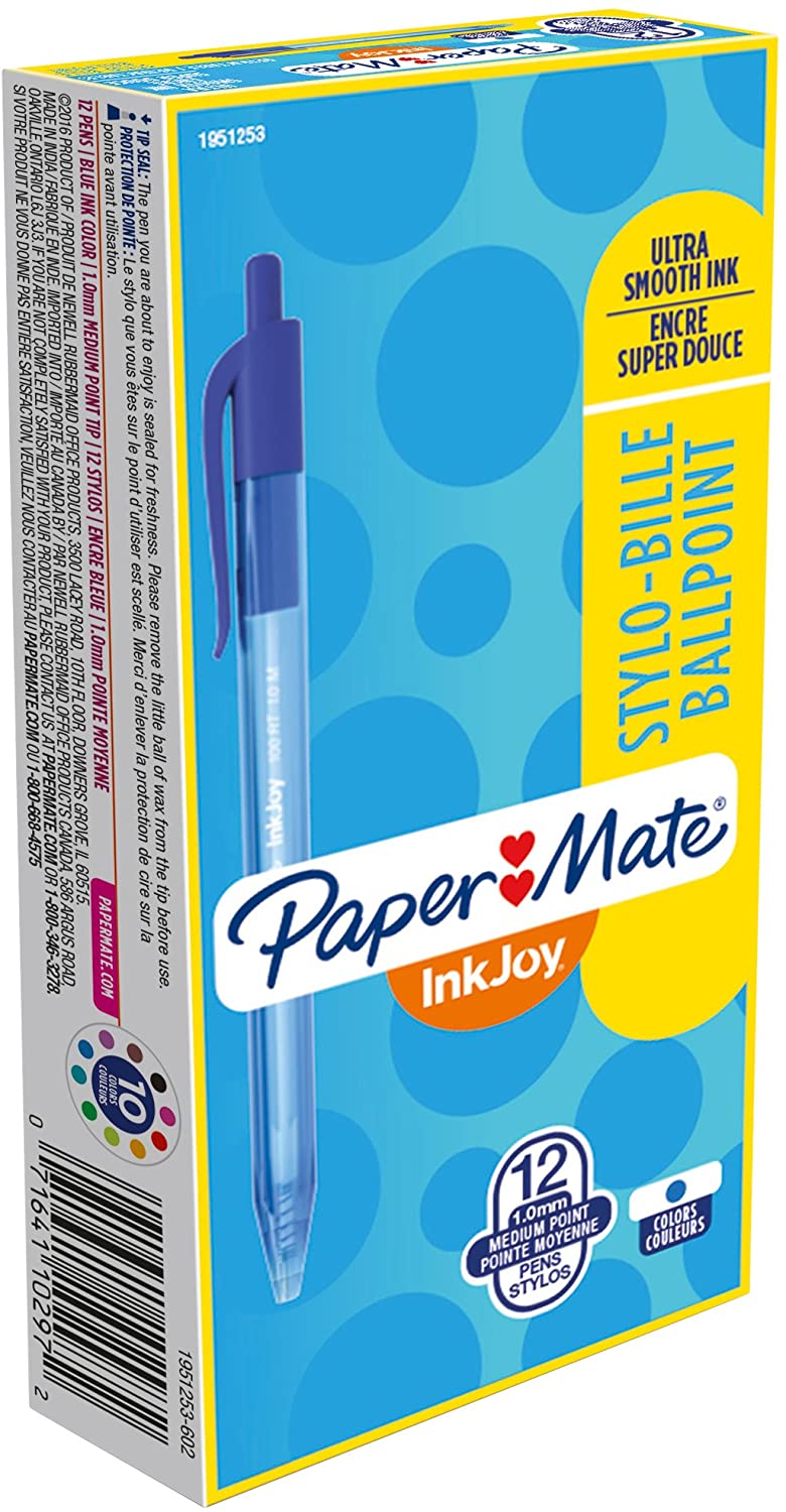 PM1951253 Paper Mate InkJoy 100RT - Retractable ballpoint pen medium point, blue color, Box 12pcs.