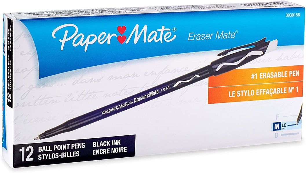 PM3930158 Paper Mate EraserMate - Erasable pen, medium point, black color, Box 12pcs.