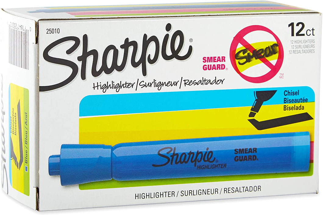 SH25010 Sharpie Thick Highlighter, Fluorescent Blue Color, Chisel Tip, Box 12pcs.